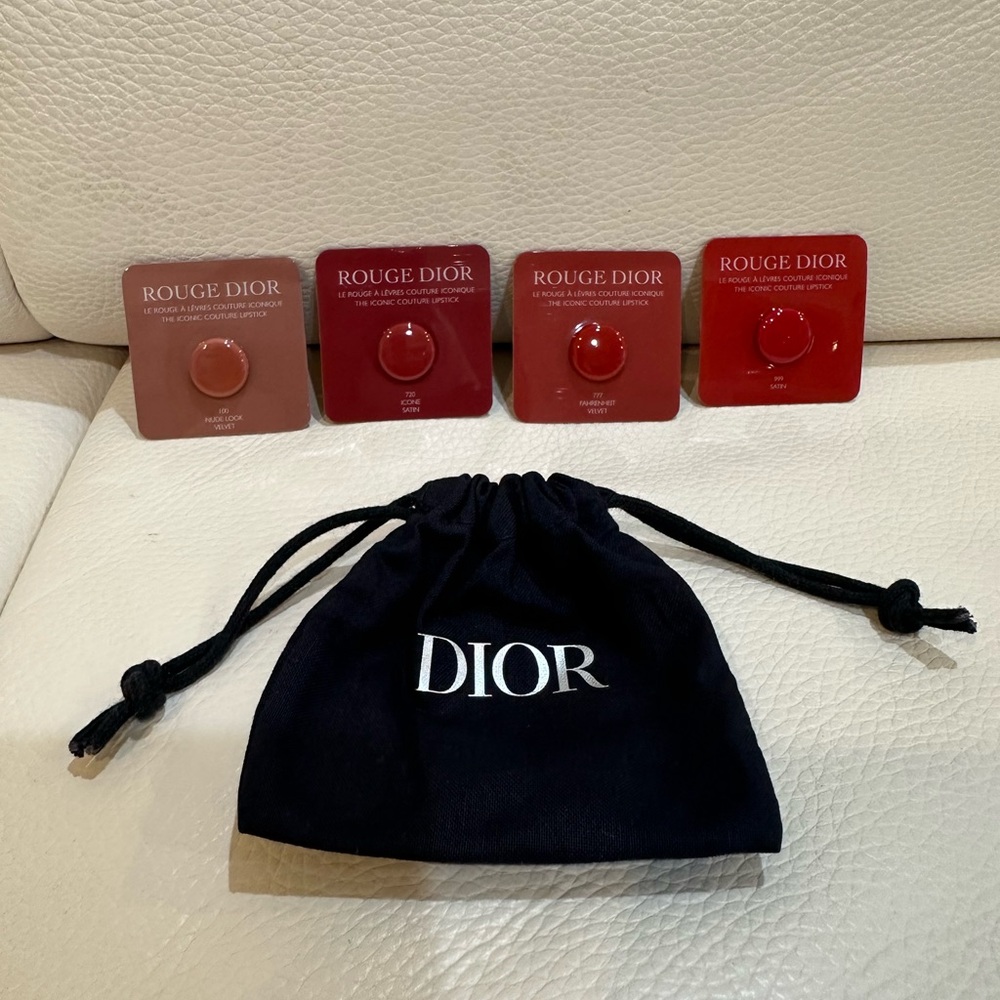 DIOR Rouge Dior Lipstick (4 single-use shades) with a Black Small Drawing Bag